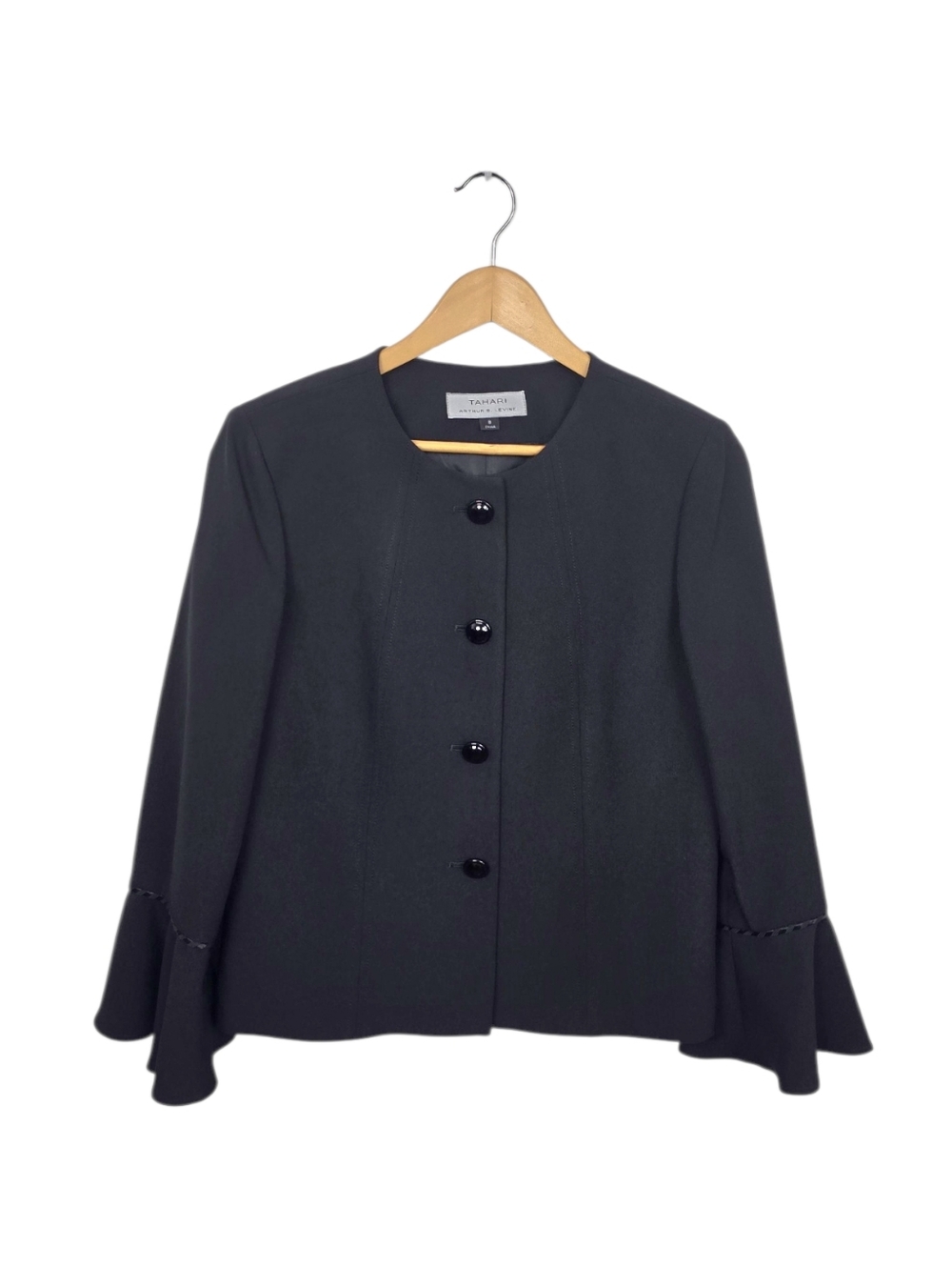 Tahari Crepe Four Button Jacket With Bell Sleeves Black Women's 8